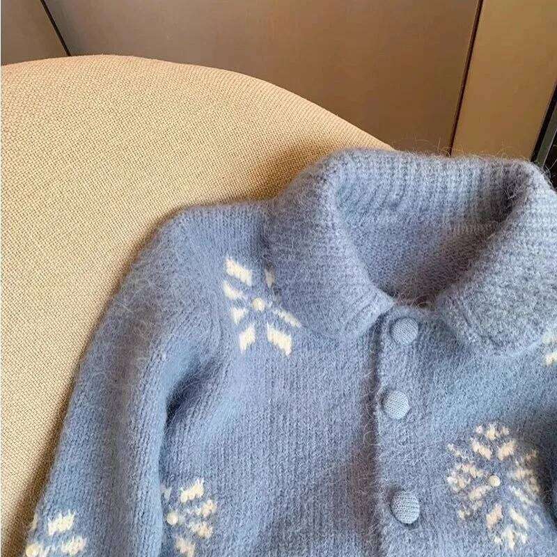 Korean Style Sweet Blue Crocheted Peter Pan Collar Cropped Sweater Cardigan Women's Autumn 2024 New Long-sleeved Top Z260313