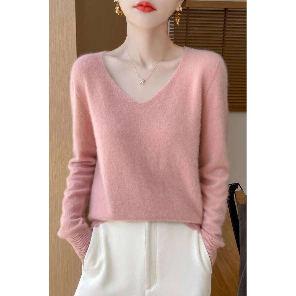 Autumn Winter Women Cashmere Casual V-neck Pullover 100% Merino Wool Knitwear Basic Bottom Sweater Korean Popular Z260314