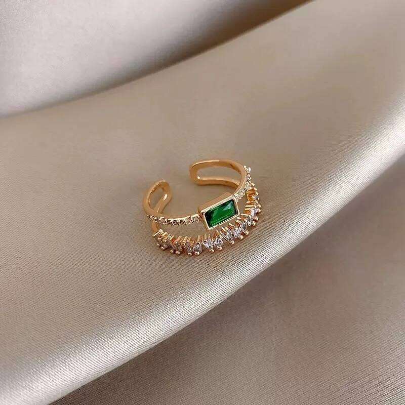 LATS Luxury Green Zircon Gold Color Double Open Rings for Woman 2022 New Fashion Goth Finger Jewelry Wedding Party Sexy Ring H260312