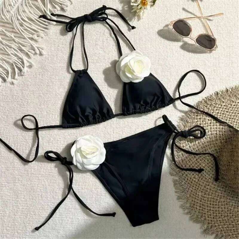 Sexy Flower Bandeau Swimwear Thong Bikini 2026 Women Lace-up Swimsuits Swimming Bathing Suit Brazilian Bikinis Set Mujer Biquini 26H0313