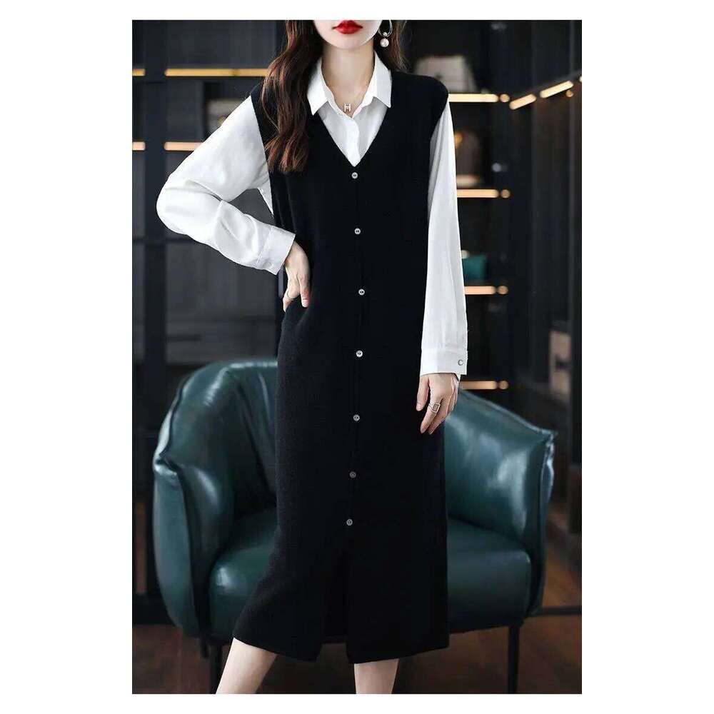 Medium to Long Sleeveless Knitted Knee Length Autumn Winter V-neck Solid Dress Stylish Sweater Vest Skirt Z260314