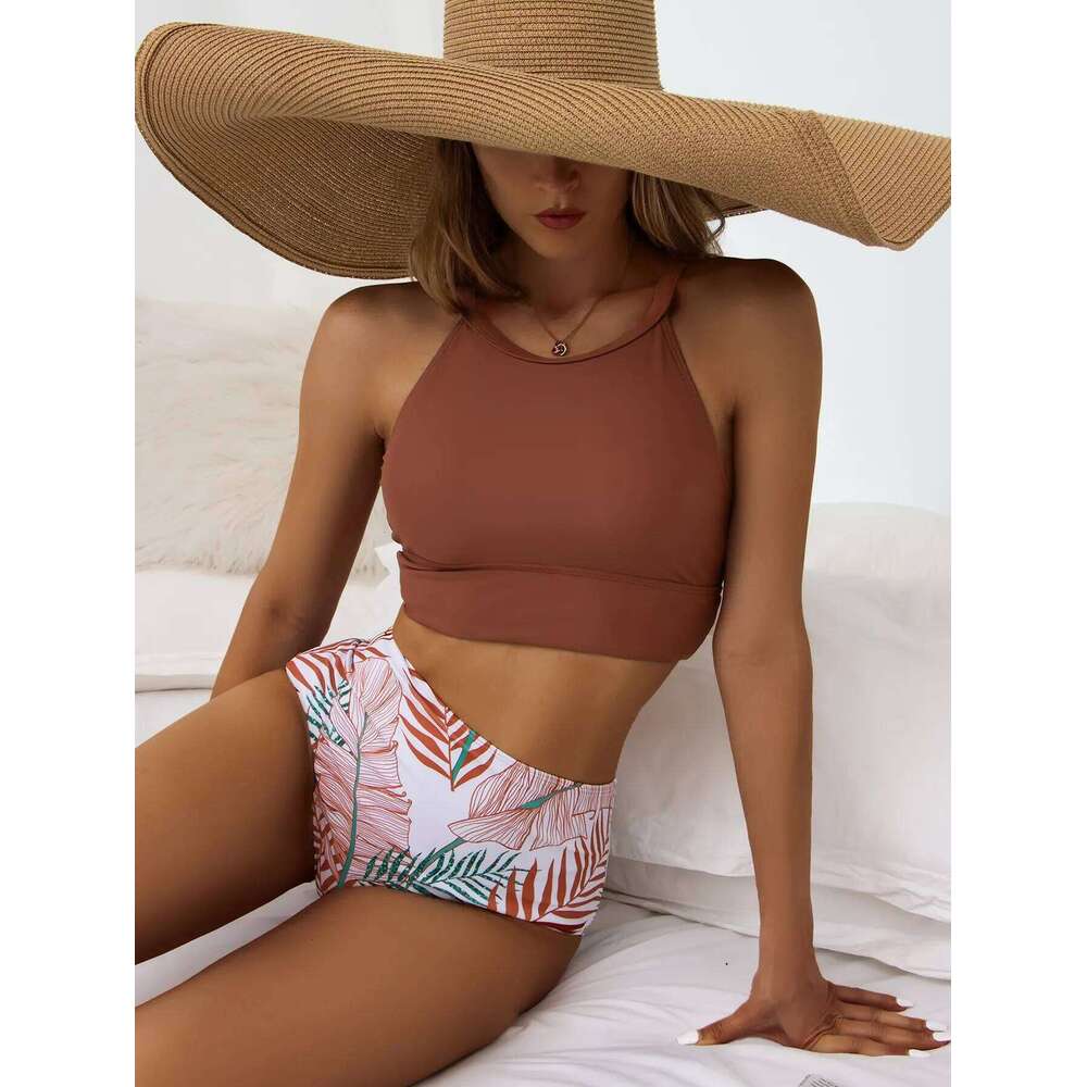 2025 Waist Bikinis Women High Neck Swimsuit Solid Printed Swimwear Female Padded Beachwear Leaves Bathing Swimming Suit Y260303