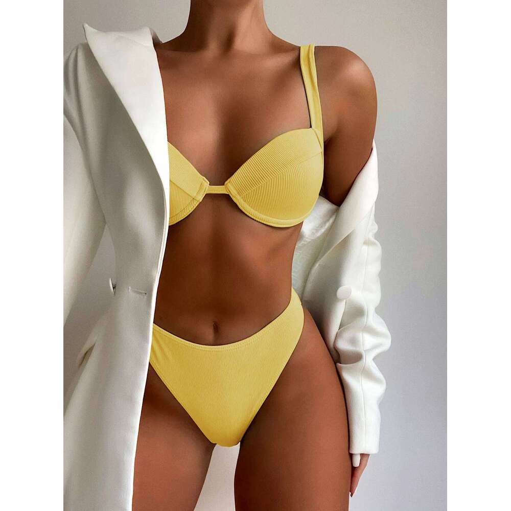 Women's High Waist Bikini, Underwire Padded Push Up Swimwear, Solid Black, White, Yellow, Green, Women Swimsuit, Bathing Suit Y260303