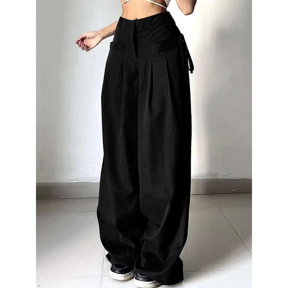 Women's Pants Shirring Casual Wide Leg Women High Waist Street Basic Loose Sweat Trousers Korean Retro Gray Office Y2K Lady Z260312