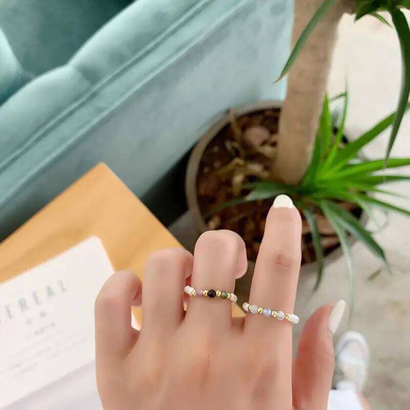 New Retro Crystal Beaded Rings Natural Freshwater Pearl Geometric Ring for Women Korean Minimalist Girl Party Jewelry Gift H260312