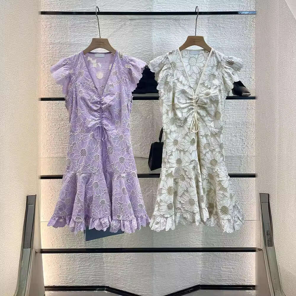 2026 designer style V-neck drawstring waist short water-soluble lace daisy dress fashionable