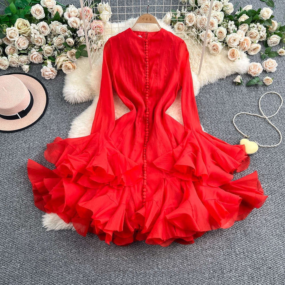Designer's niche long sleeved slim fit waist cinched women's A15 sweet pleated dress for spring and autumn high-end vacation style