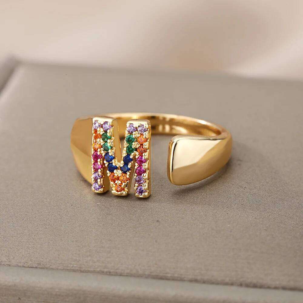 Rainbow Zircon Rings For Women Fashion Chunky Wide Letter A-Z Stainless Steel Ring Wedding Boho Jewelry Gift 2025 H260312