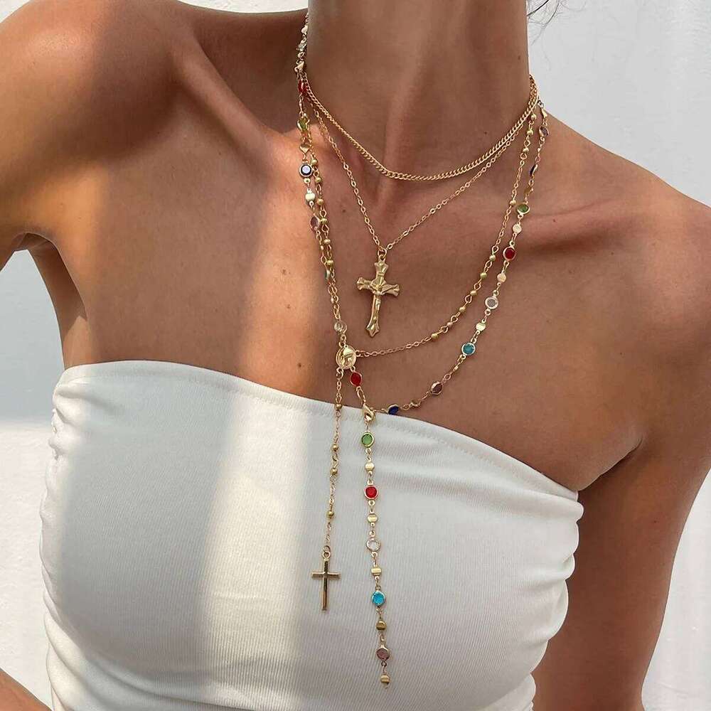 Rhinestone Cross Pendant Set for Women Vintage Simple Colorful Crystal Long Y-shaped Necklace Y2K Party Jewelry H260312