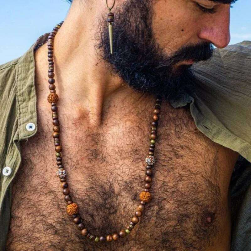 Wooden beaded necklace men's vacation, retro long beach walnut collarbone chain H260312