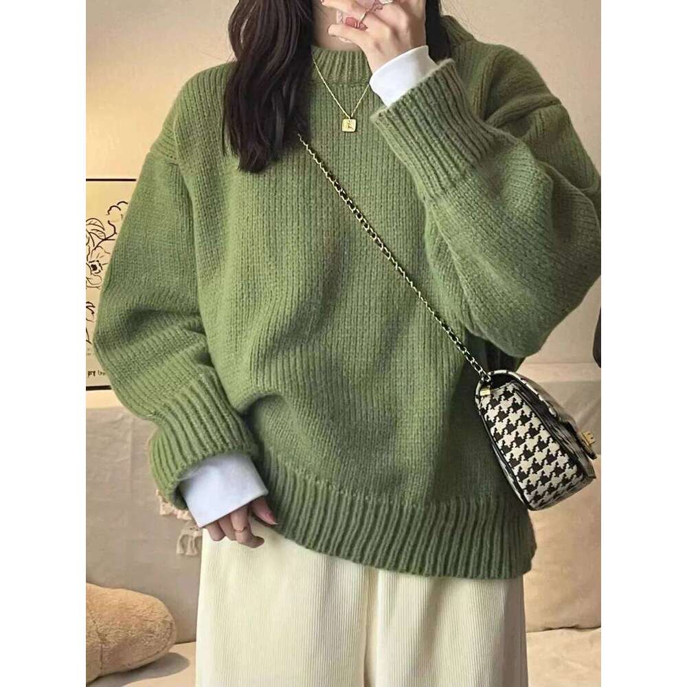 New O-Neck Loose Green Pullover Sweater For Women Autumn Winter Thick Retro Japanese Lazy Style Interior Bottom Knitted Top Z260313