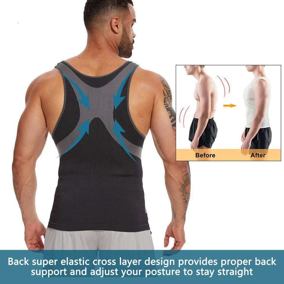 New Men's Shapewear Slimming Body Shaper Horizontal Stripe Compression Band Tummy Control T-Shirt Cross Elastic Workout Top 26Y0313