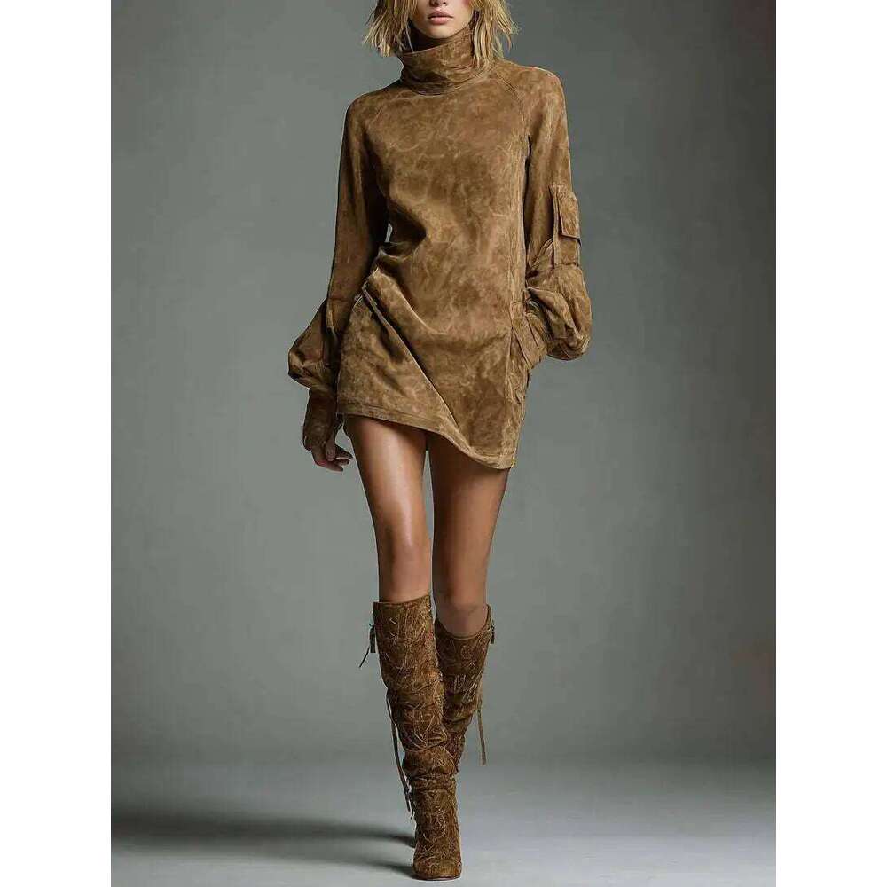 Autumn Retro Solid Suede Mini Short Dresses Sexy Turtleneck Slim Woman Pullover Dress Winter Long Sleeve Pockets Female Clothing Z260314