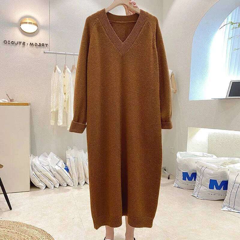 Size 10XL 150kg High Quality Sweater for Women Solid Color V Neck Pullover Thick Autumn and Winter Long Dress Z260313
