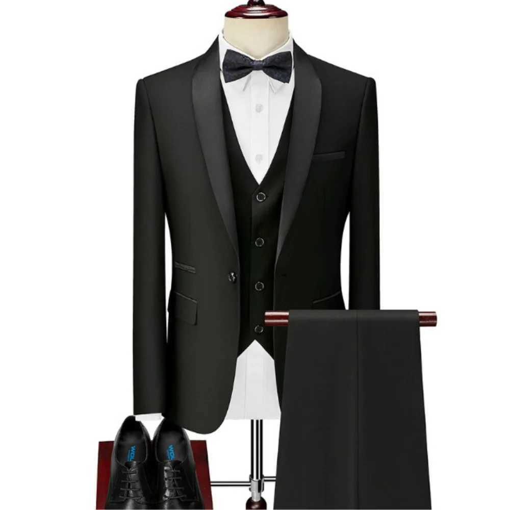 Mens Black White Slim Fit Three Piece Suit Set Large Size Autumn Wedding Party Blazer Coat Pants Vest Fashion Male Outfit M260313