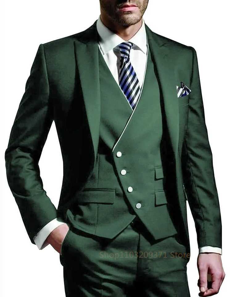 Post Green 2024 Suits Men Suits 3 Pieces Wedding Wear Business Male Groom Wedding Dress Jacket Vest Pants Set Blazers Coat M260313