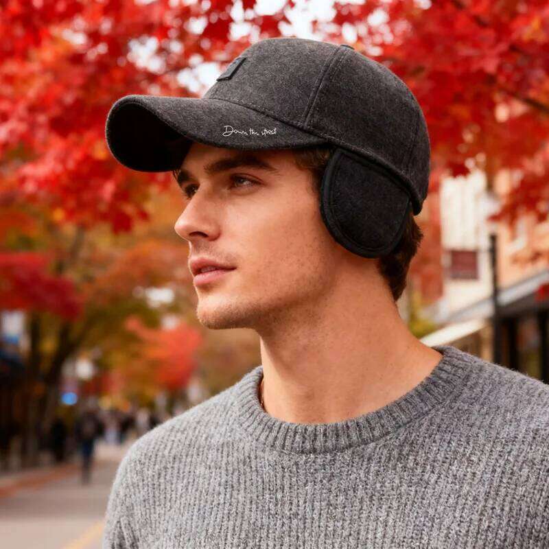 Men's Autumn/Winter Cotton Baseball Cap - Solid Color Dad Hat 56-60cm with Foldable Ear Flaps & Small Logo Z260313