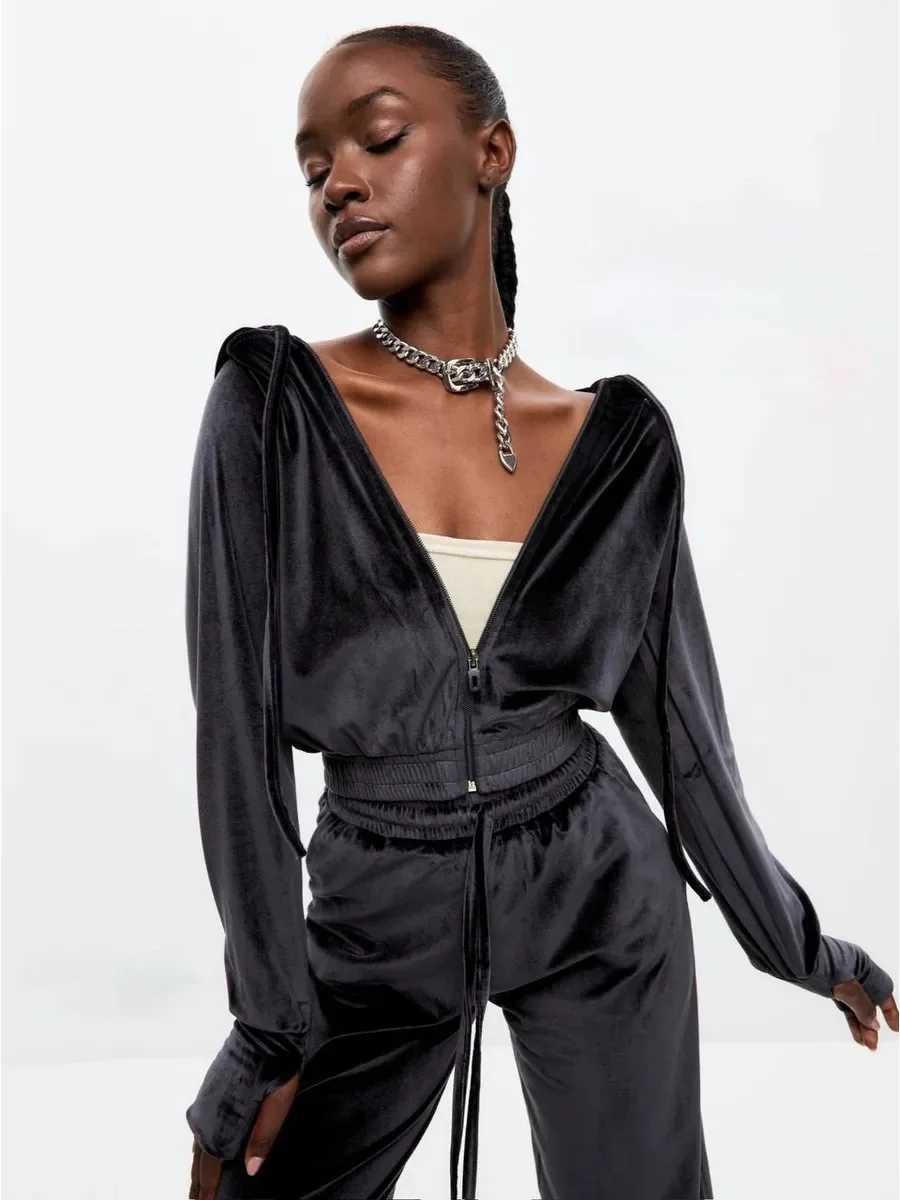 Sexy Spice set long-sleeved hooded cardigan lace-up trousers 2-piece fashion casual sports set womens clothes long pants set M260313