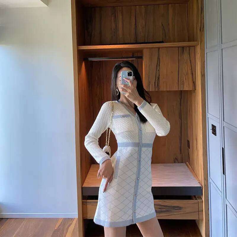 Elegant Knitted Women Long Sleeve Button Winter Office Mini Sweater Patchwork One Piece Dress Korean Z260314