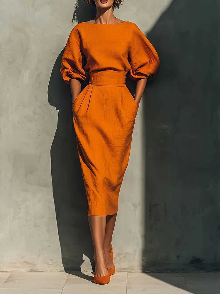 Elegant Fashion Solid Party A-lien Dress Casual O-neck Lantern Sleeve Pocket Dress Temperament High Waist Pleated Wrap Hip DressT260316