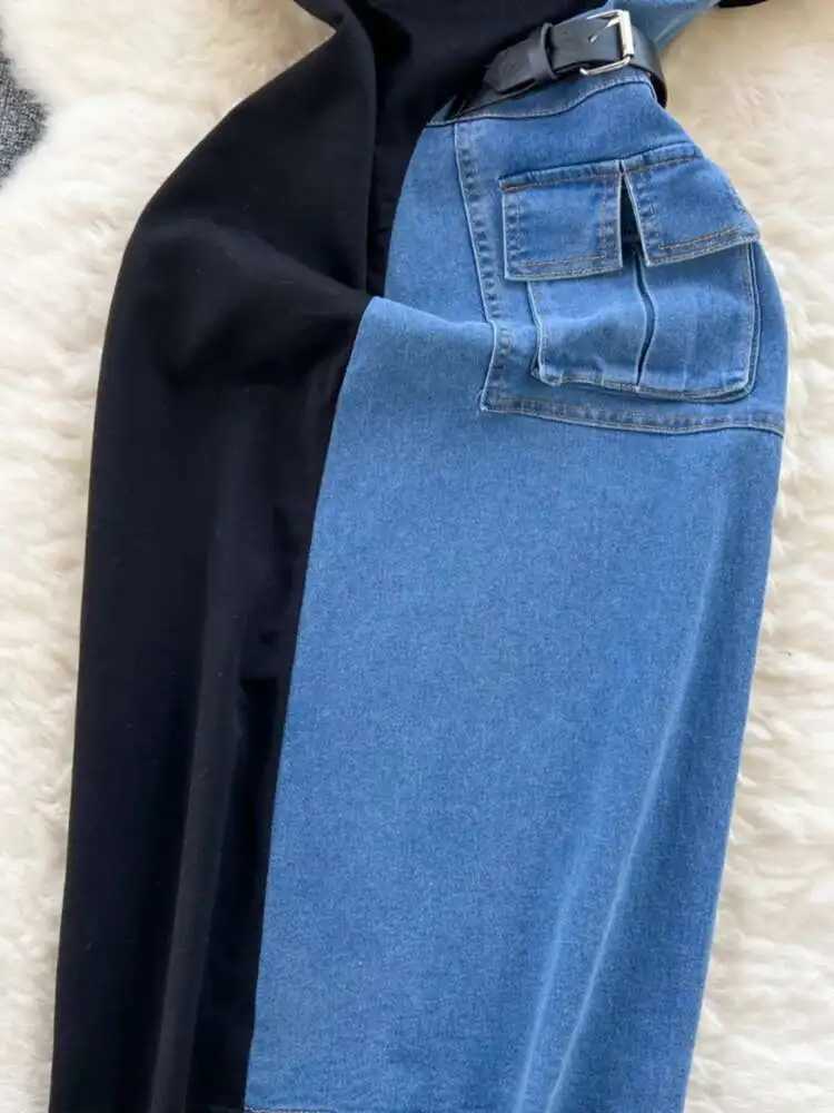XFPV Women Vestidos Contrasting Colors Patchwork Slim Fit High Waist Denim Dresses Lapel Vestidos Spring Summer 2025 SM10385T260314