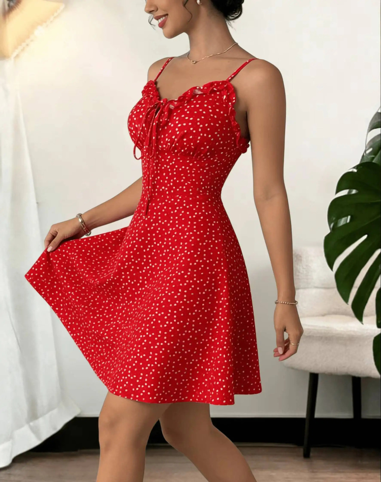 Mini Dress Spring Summer Women Red Heart Print Cami Strap ALine Sweet Cute Date Vacation Party 260313