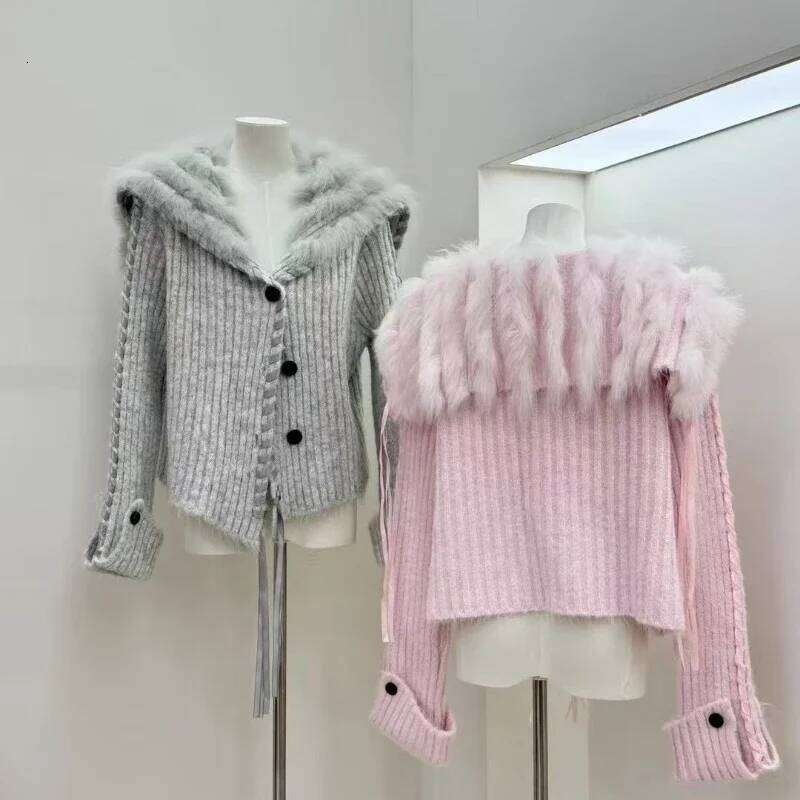 Fur Patchwork Turn Down Collar Cardigan Coat Autumn Clothing Fashion Korean Knitted Sweater Y2k Single Breasted Tops Pull Femme Z260313