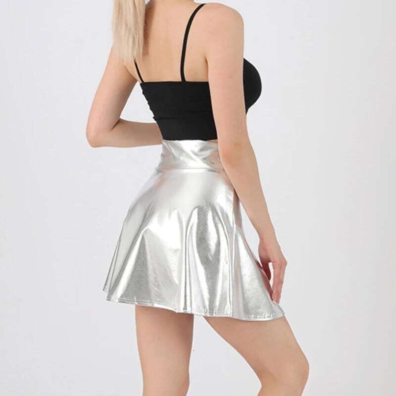 Women Sparkling Metallic Pleated Mini Elastic High Waist PU Shining Flared Short Skater Skirt for Party Club Daily Wear Z260314