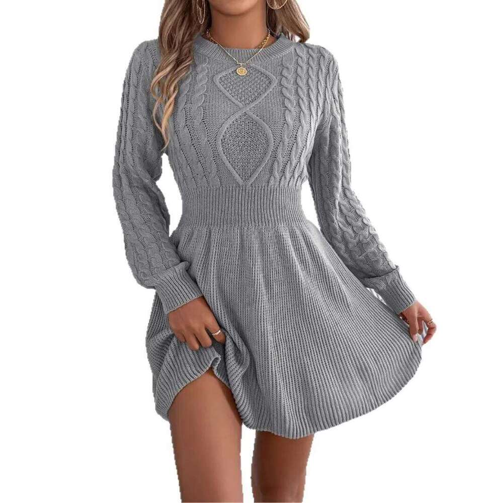 2025 New Women's Cable Knit Sweater A-Line Belted Bubble Sleeve Winter Tight Waist Dress Z260314