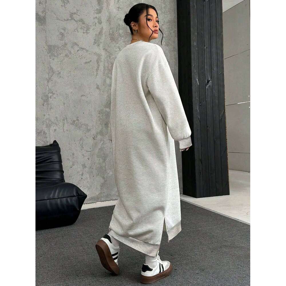 Plus Size Loose Casual Long Fleece Sweatshirt Dress, Autumn/Winter Sweater Dress Women Z260313