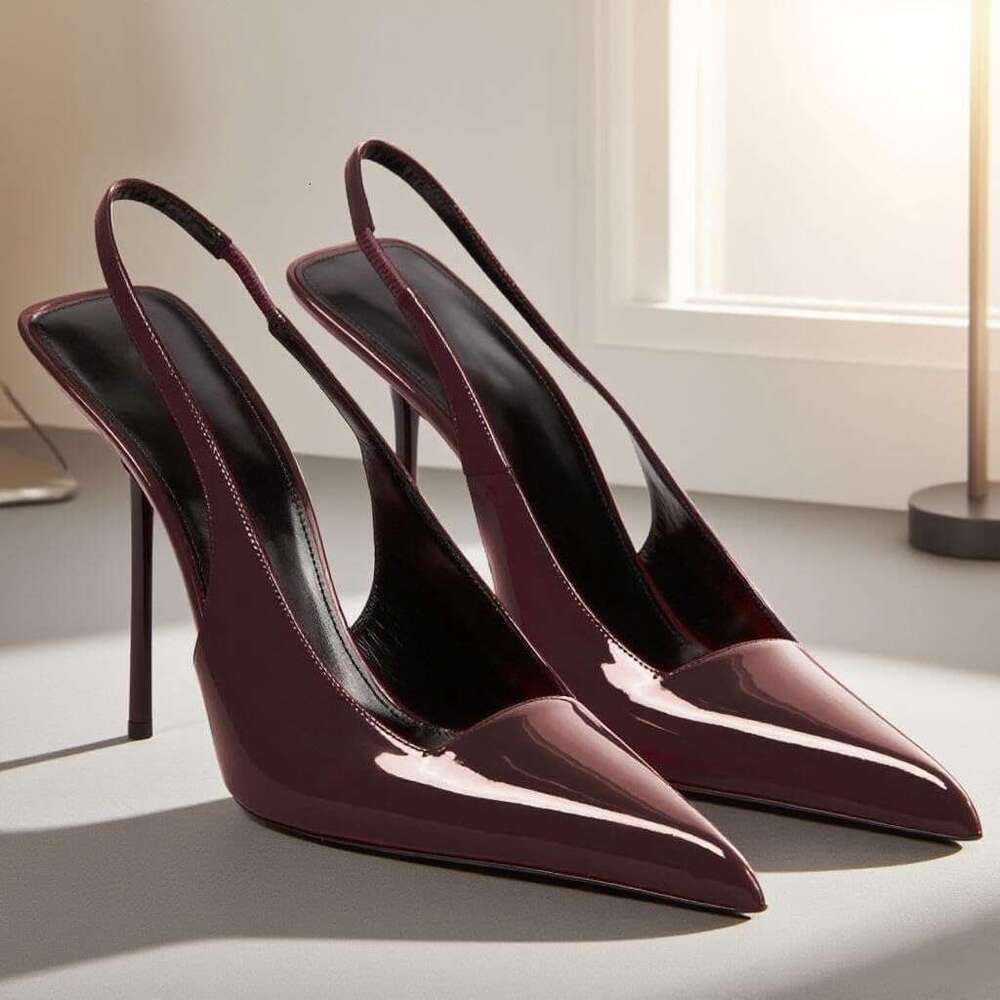 Women S Slingback Stiletto High Pointed Toe Slip On Pumps Shoes Patent Leather Stretch Strap Backless Dress Heels MOJIDASHU