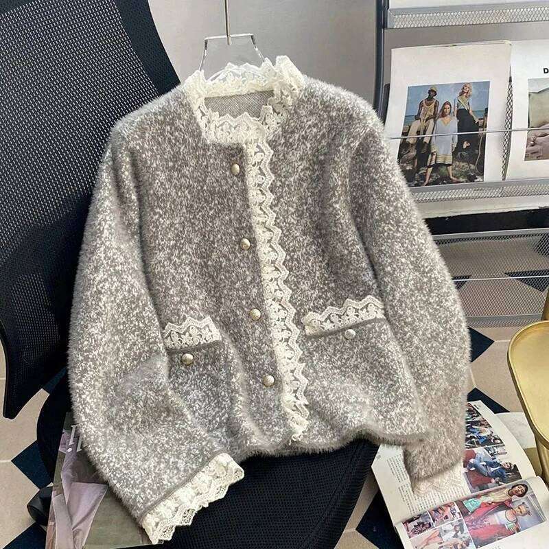 Fashion Elegant Knit Cardigan Women Small Fragrance Lace Patchwork Korean Sweater Vintage Button Imitation Mink Velvet Outwear Z260313