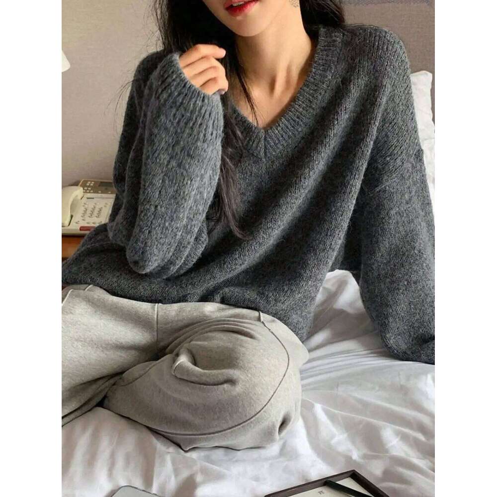 Women's Oversized V-Neck Knit Sweater Soft Loose Long Sleeve Casual Pullover Gray Z260313