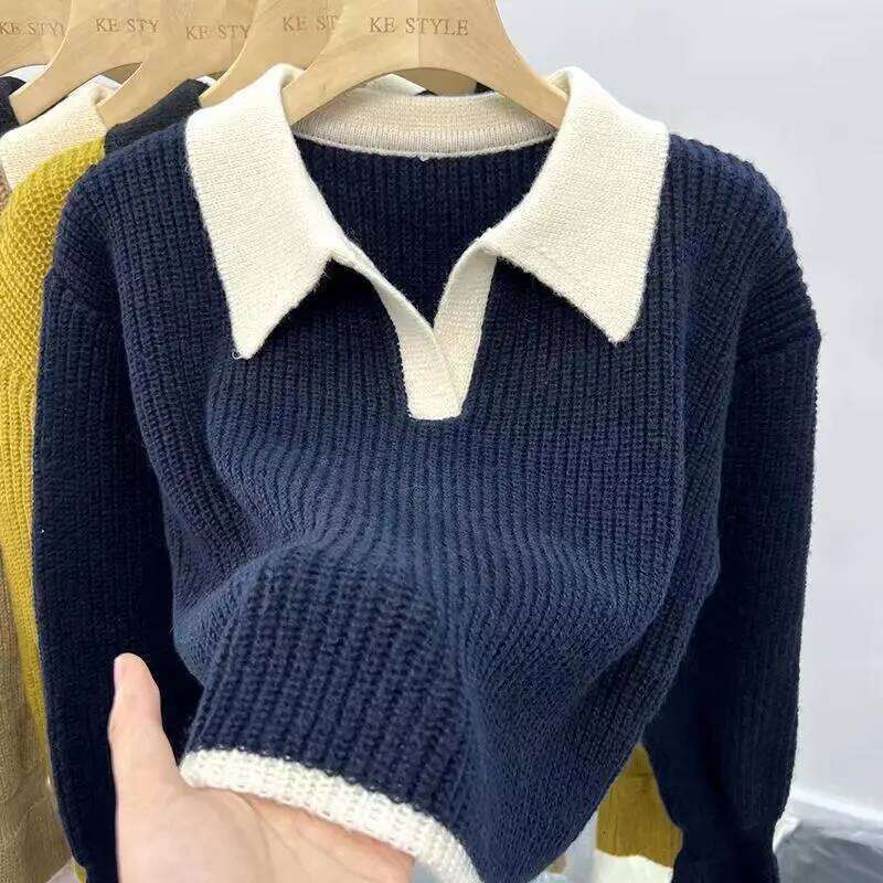 Knitted Sweater POLO Autumn Winter Korean Edition New Lazy Style Soft Glutinous Outer Loose Small Bottom Casual Top Z260313