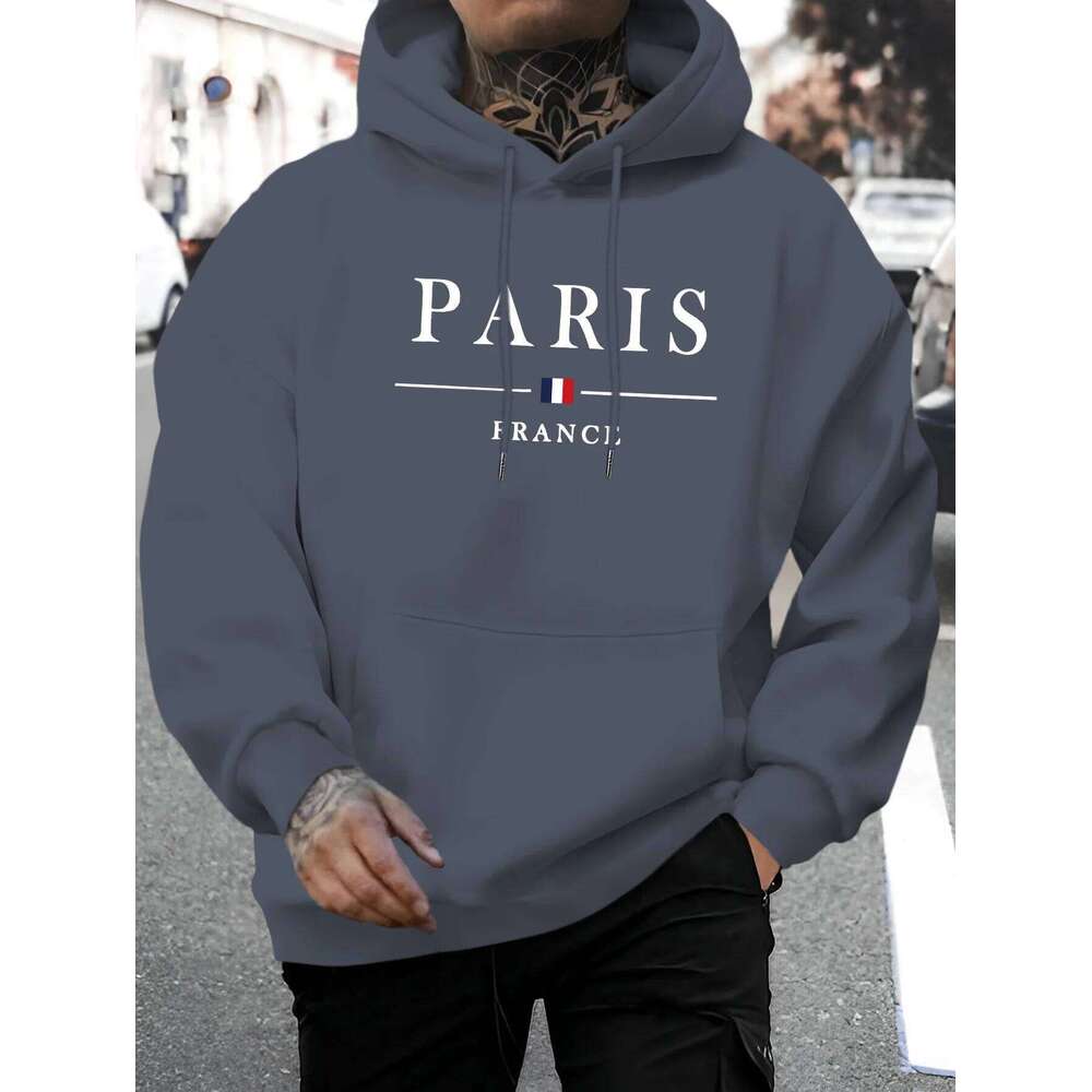 Men's autumn and winter casual fashion loose Paris letter pattern printed long sleeved hooded sweatshirt warm pullover Z260314