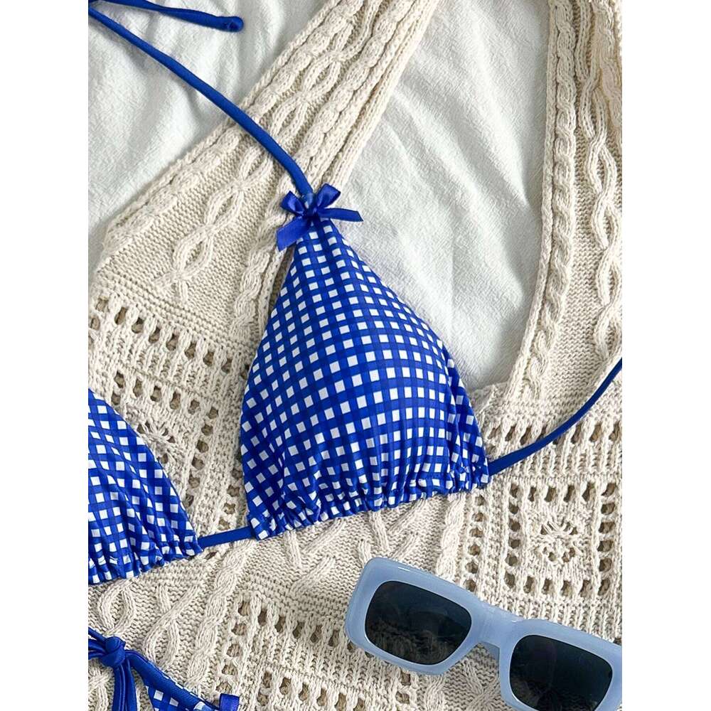 Women's Bikini Set, Ins-Style Picnic Mat Blue White Checkered Two-Piece Swimsuit, Popular Bow-Tie Sexy Halter Tie-Up Triangle Top an 26H0313