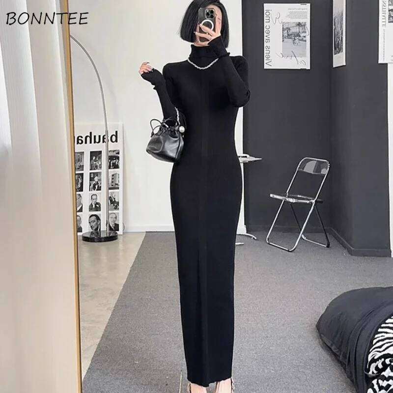 Dress Women Long Sleeve Casual Knitted Basic Maxi Vestidos Bodycon Sexy Turtleneck All-match Temper Seductive Korean Style Ins Z260314