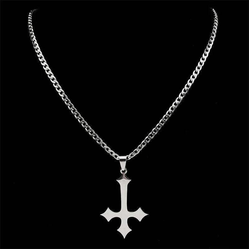 Goth Upside Down Stainless Steel Pendant Necklace for Men Black Color Inverted Cross Kering Handbag Accessorie Jewelry H260312