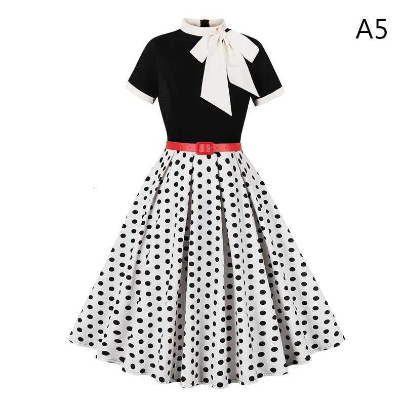 Polka Dot/Floral Prints Vintage Dress 50 60s Womens Summer Mid-length Dress with Bow Cocktail Party Swing Skirt Retro Waist FitT260314