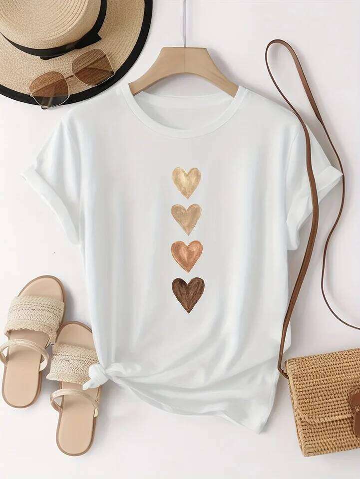 Women's Casual Short Sleeve with Four Heart Graphic Print - Black & Golden Medium Stretch Round Neck Novelty T-Shirt Z260314