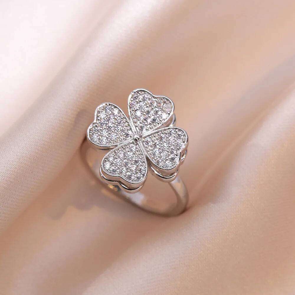 YILUOCD Four Leaf Cr Rotating Anxiety Cubic Zirconia Flower Adjustable Ring for Women Anti-Stress Fidget Jewelry Gift H260312