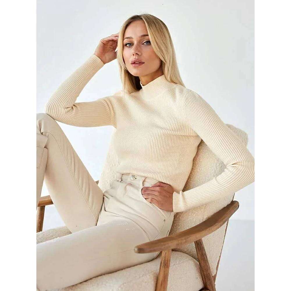 2025 Stretchy T-shirt Fall Spring Blouse Elegant Women Knitted Half-high Collar Sweater Slim Fit Solid Color Pullover Soft Z260313