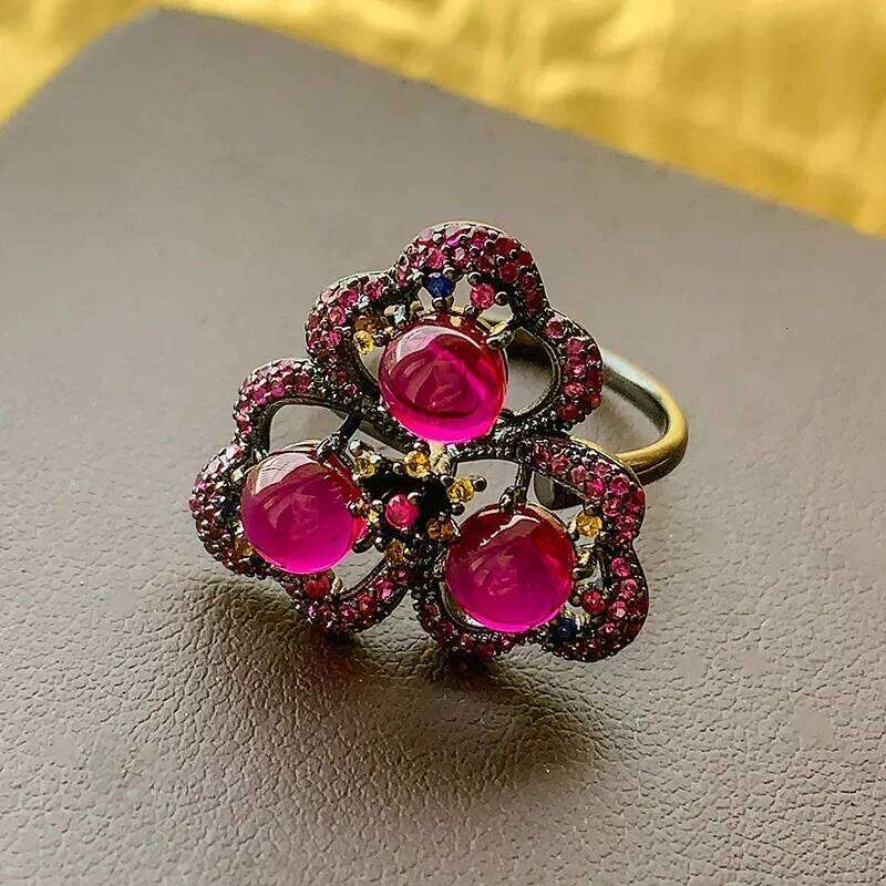 Exquisite Adjustable Statement Ring Hollow Flower Butterfly with Blue Red Gemstone Clusters Trendy Fashion Jewelry for Women H260312