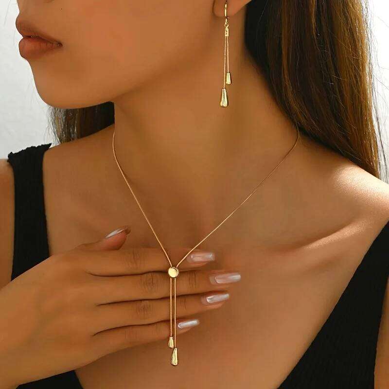 Adjustable Chain Necklace with Simple Drop Pendant Female Long Sweater Fashion Jewelry Gift Ornament Earring Set H260312