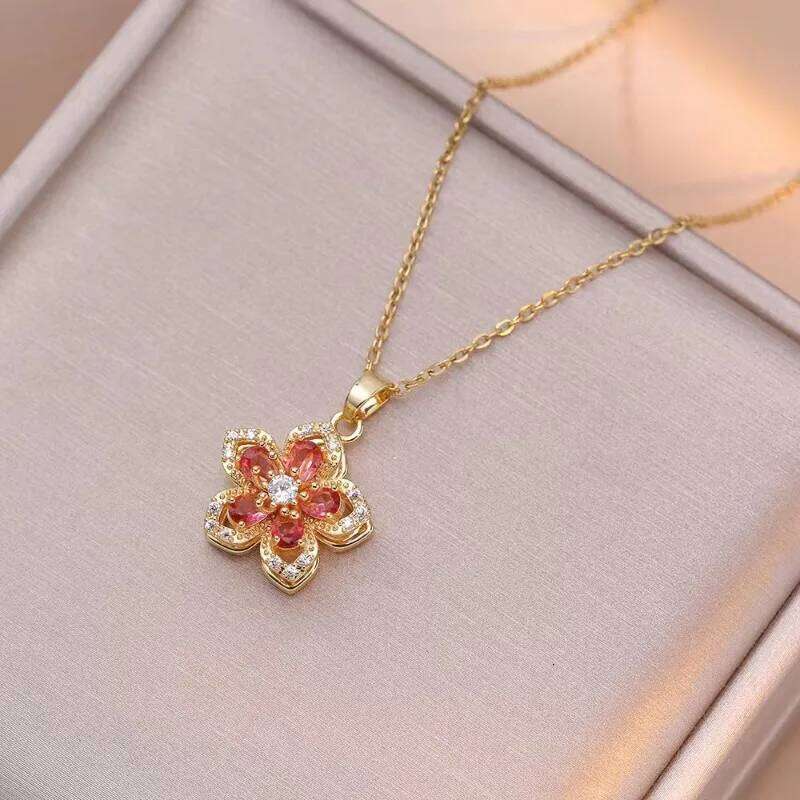 Light Shiny Zircon Rotatable Flower Pendant Necklace for Women Stainless Steel Romantic Spin Floral Plant Choker Jewelry H260312