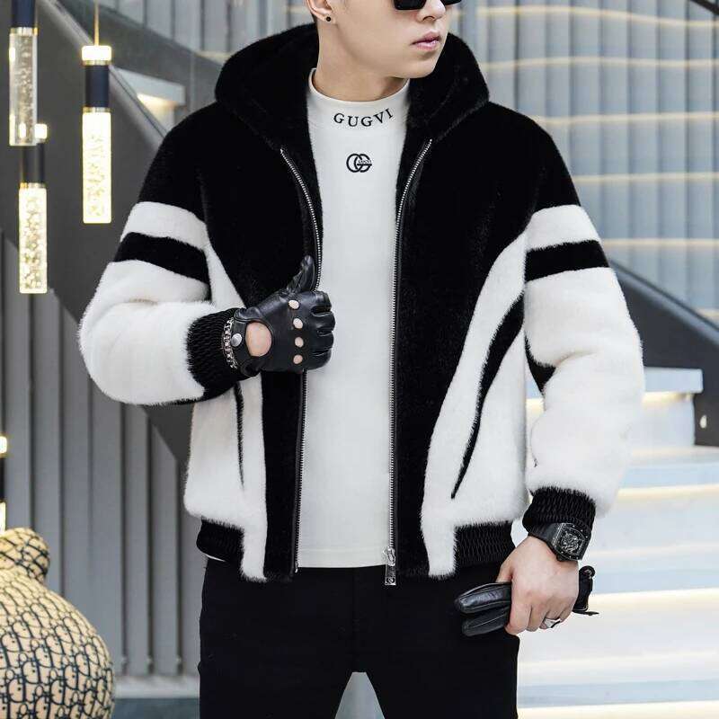 Autumn Winter Leather Men Thick Warm Hooded Casual Business Faux Fur Jacket Splicing Streetwear Social Coats Z260313