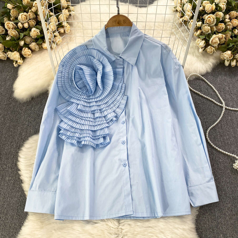 2026 Spring and Autumn Fashion Long Sleeve Sweet Ruffle Edge Splicing Three Dimensional Large Flower Loose Women's Casual Shirt
