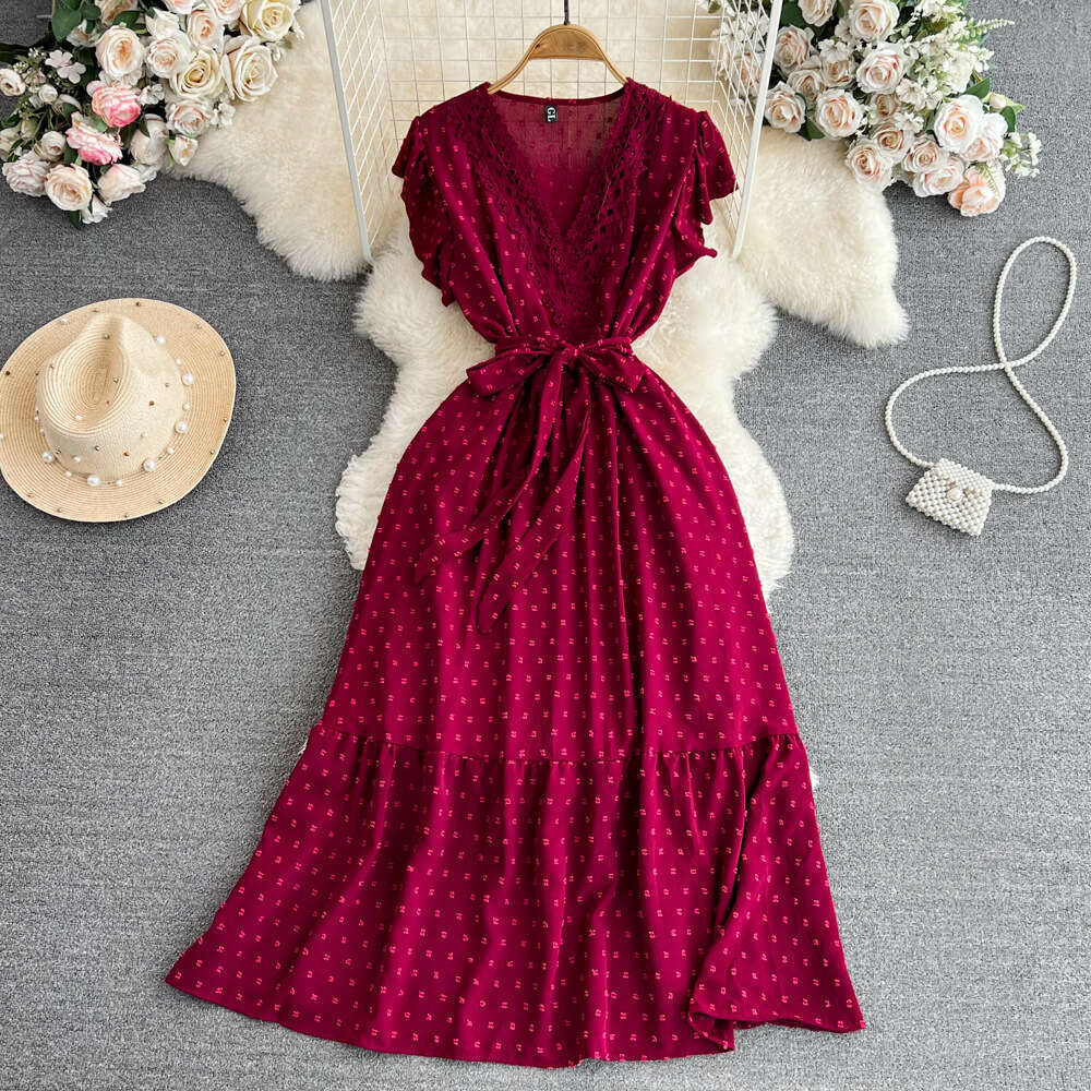 Fashionable women's bubble sleeve V-neck waist cinching tie waist A-line pleated chiffon dress elegant long style