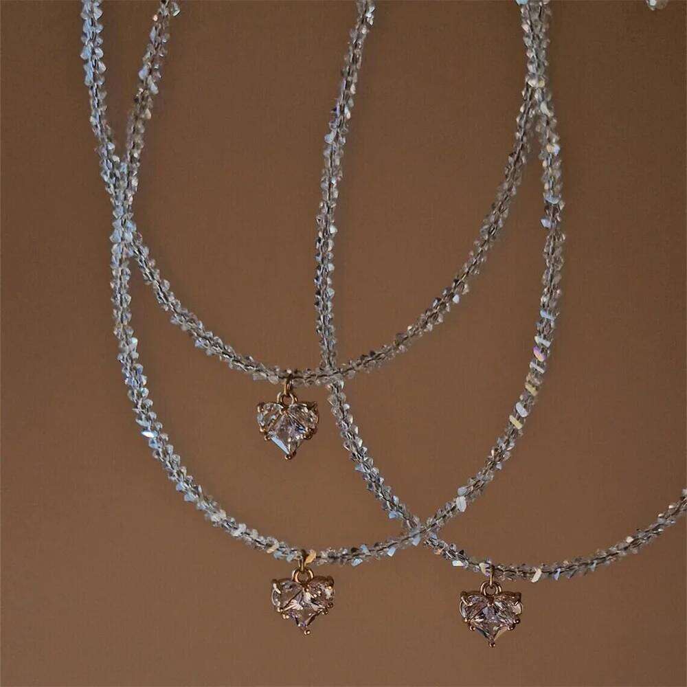 Vintage Geometric Transparent Crystal Chain Necklace for Women Female Fashion Boho Baroque Sexy Zircon Heart Pendant Jewelry H260312