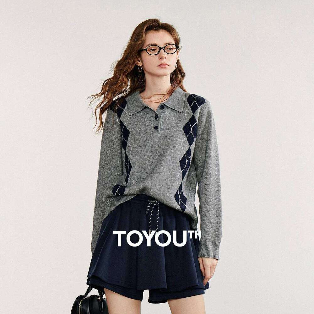 TOYOUTH Women Sweater 2025 Autumn New College Style Turn Down Collar Sports Knitted Pullover Tops Z260313